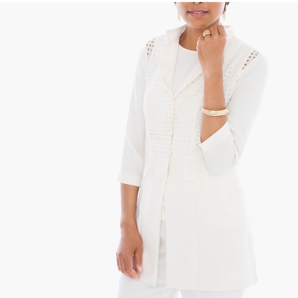 Chicos White Eyelet Lace Longline Blazer Jacket 3/4 Sleeve Size 3 XL 16